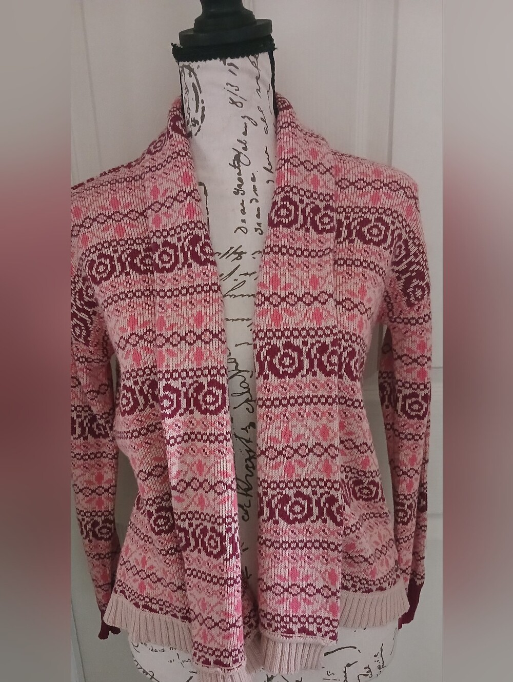 5/$25 Matilda Jane Pink & Burgundy Patterned Open-Front Cardigan